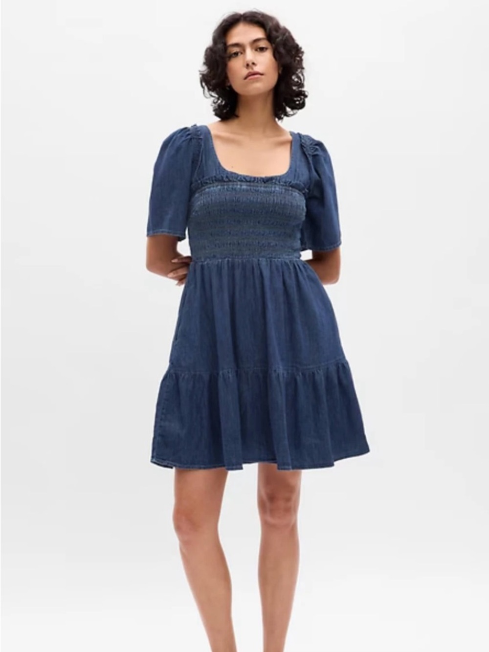 Gap Denim Chambray Scoop Flare Shirred Ruffled Babydoll Mini Dress Medium Indigo